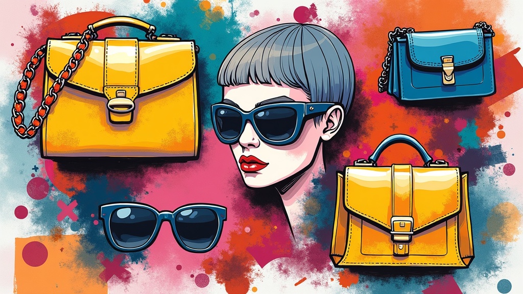 Abstract, urban-inspired collage with bold colors, patterns, and fashion accessories in street style context